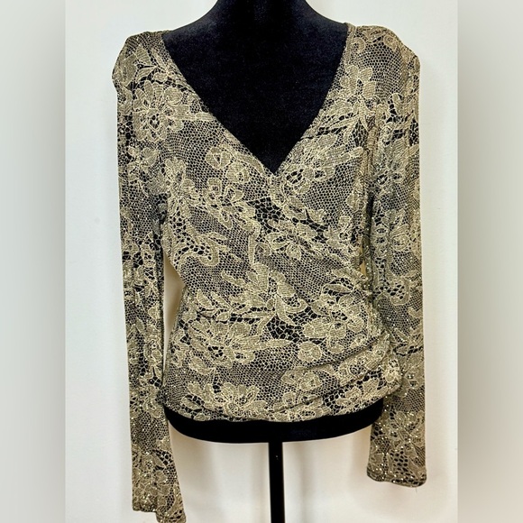 Vintage MSK gold and black faux wrap shimmer V neck dressy occasion shirt medium - Picture 3 of 10